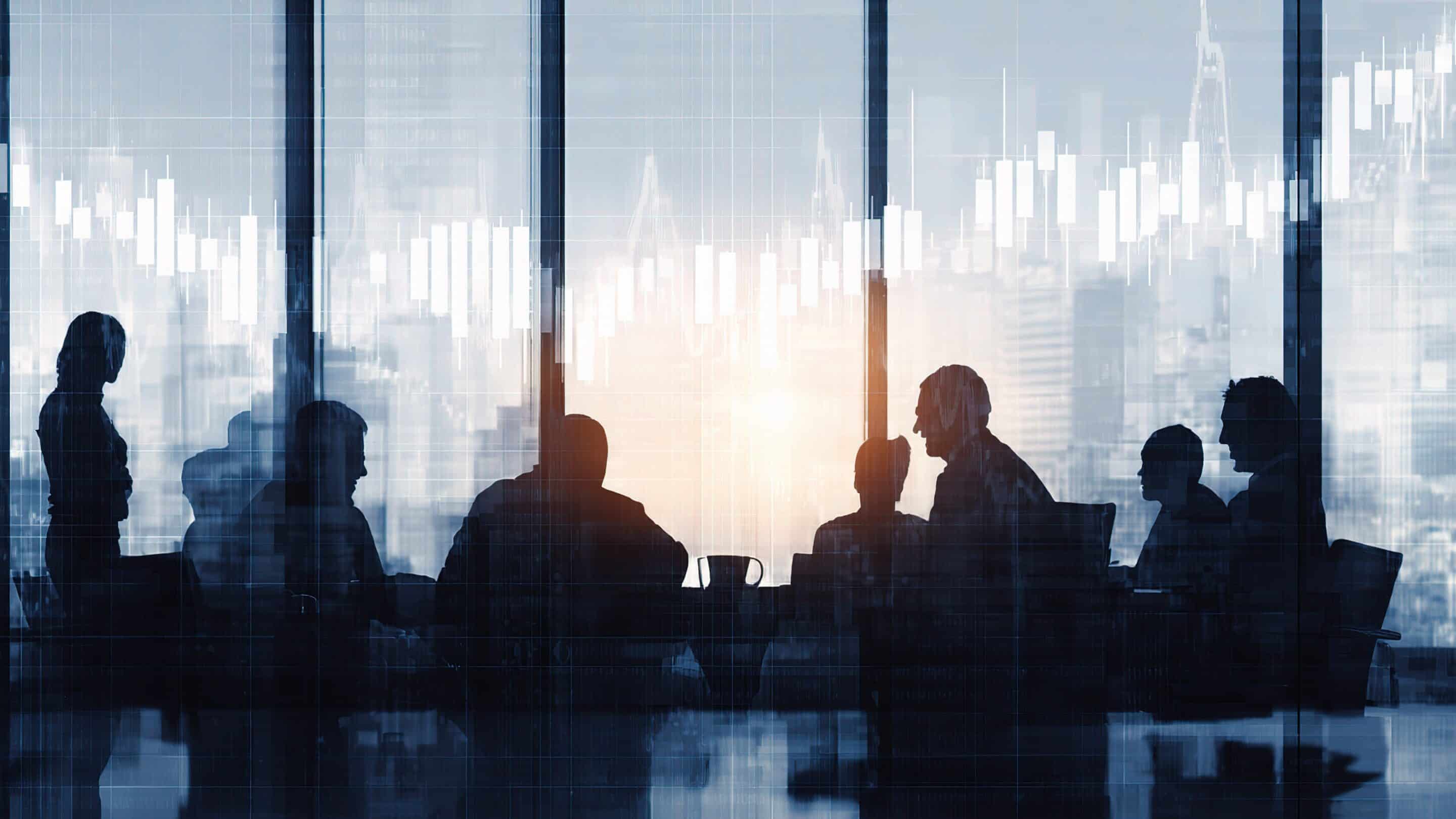 Diverse Business People Silhouetted in Boardroom with City Background